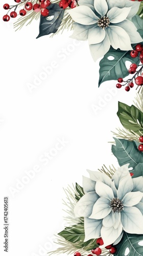A festive floral arrangement featuring white poinsettias and red berries, evoking the spirit of winter celebrations.