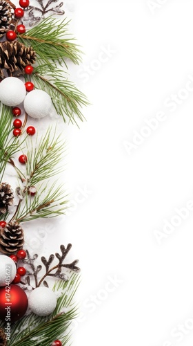 Festive Christmas backdrop with pine, ornaments, and cones, creating a joyful holiday atmosphere.