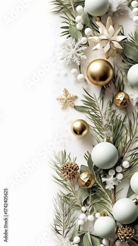 Elegant holiday decoration featuring green and gold ornaments and white snowflakes on a soft background.