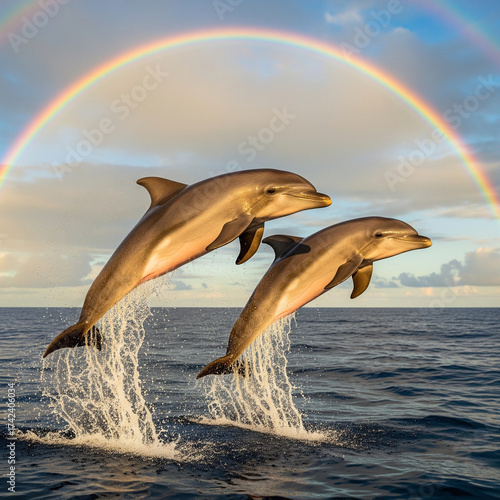 dolphins jumping under a rainbow