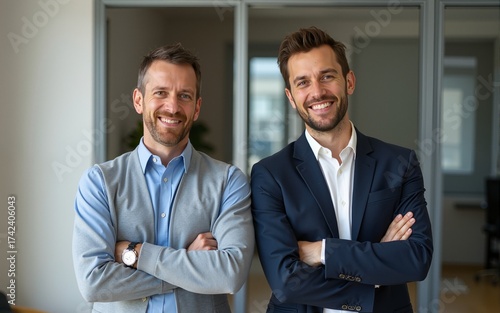 Latin Business Partners Standing With Arms Crossed In Studio. High quality