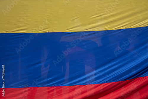 A crowd seen through the transparency of a Venezuelan flag. A symbol of unity and civic expression.
