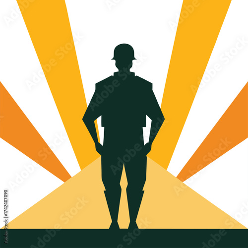Silhouette of a determined soldier standing confidently in the spotlight with radiating light beams symbolizing hope and victory
