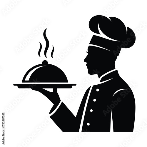 Chef silhouette serving hot food under cloche