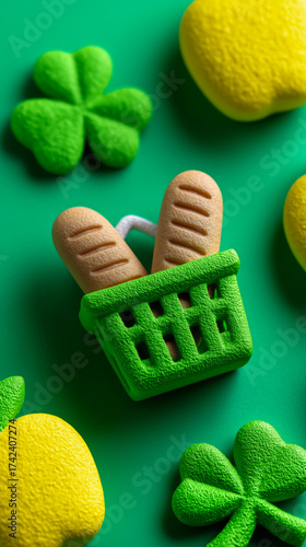 A stylized green basket holding two baguettes is surrounded by textured shamrocks and yellow lemon shapes on a green background. The image features vibrant colors and playful.