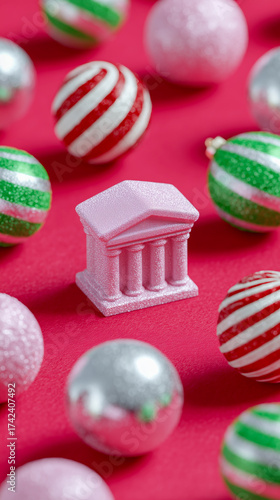 A small pink model of a classical bank building is surrounded by festive Christmas ornaments on a red background. The ornaments are striped and glittery in green, red, silver, and.