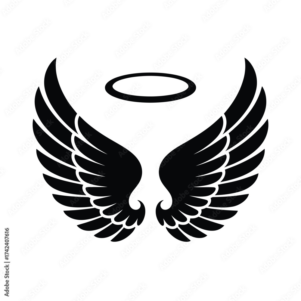 Obraz premium Black angel wings and halo silhouette icon