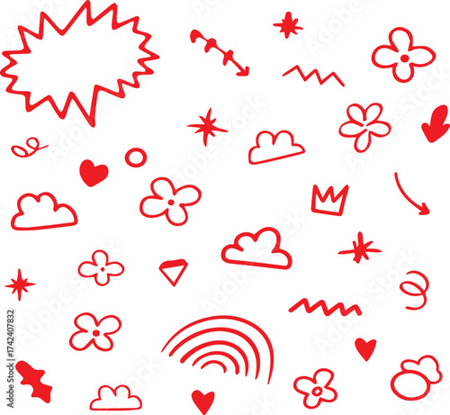 Fun pattern with hand drawn elements in red color vector