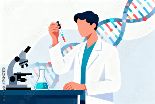 Scientist with microscope and DNA