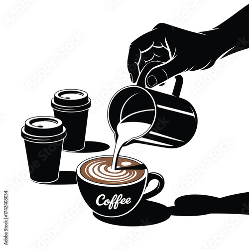 Barista pouring milk into a coffee cup creating latte art