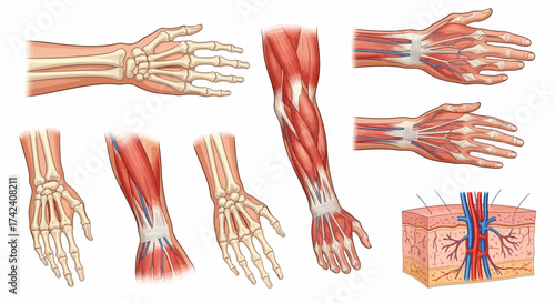Anatomical illustrations depict bones muscles and vascular systems of the human hand and forearm