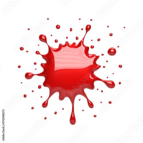 3D bloody red splatter with dripping drops and glossy texture