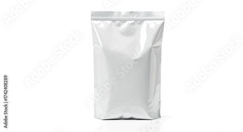 White square shiny and sealed packaging bag on a white surface suggesting a product container