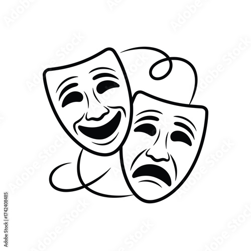 Classic comedy and tragedy theater masks with swirling lines