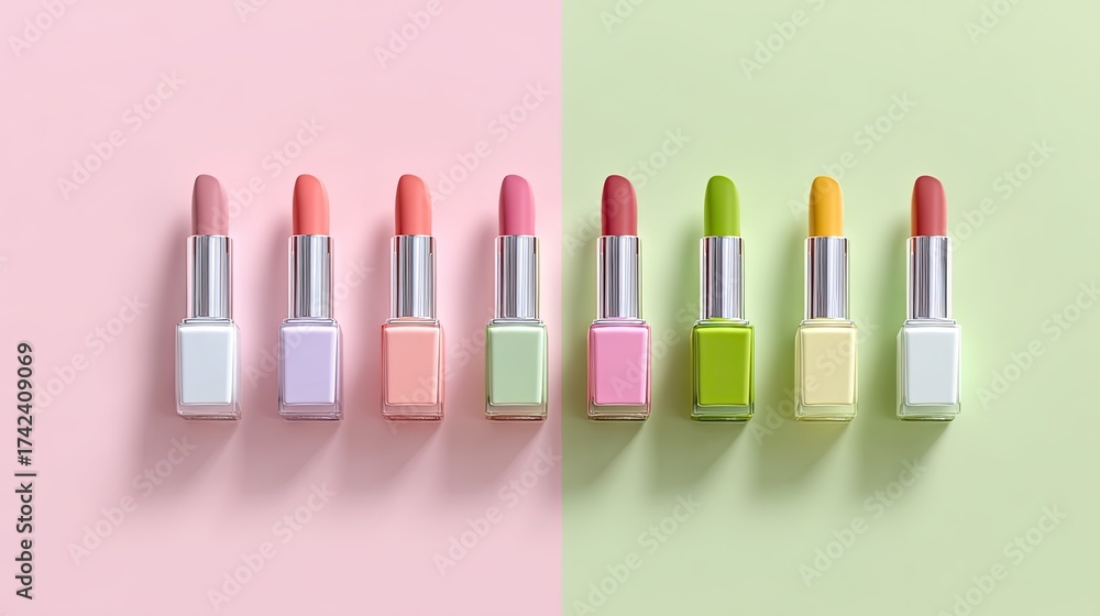 Obraz premium Colorful Lipstick Display on Pastel Background with Modern Packaging and Vibrant Shades for Fashion and Beauty Themes