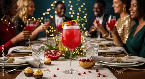 A festive holiday dinner party with friends toasting with red cocktails, with bokeh lights in the background and a beautifully set table with a centerpiece of a pomegranate and a festive drink