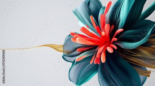 Abstract flower with teal petals and red stamen with gold dust design