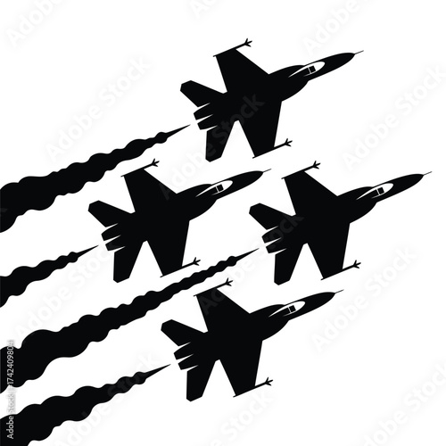 Silhouette of fighter jets flying in formation leaving smoke trails