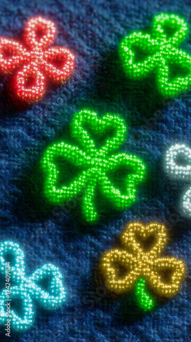 Multiple neon shamrock shapes in various colors are arranged on a textured blue surface. The glowing outlines create a festive and vibrant visual effect.