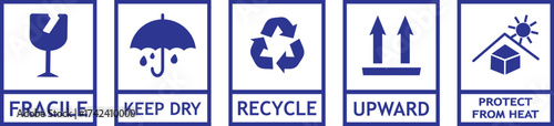 Packing icon set, Fragile, recycle, Handle with care, Fragile, take care, keep dry and upward symbols  package concept,