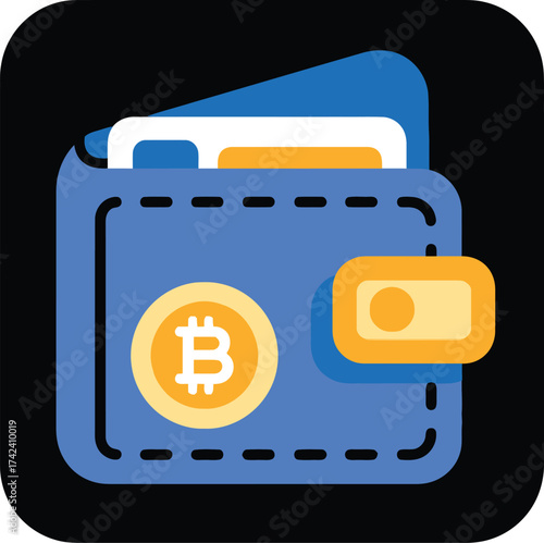 A stylized blue wallet icon featuring a golden Bitcoin symbol and a credit card, representing digital currency storage.