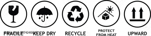 Set of Fragile package icons, keep upright dry and handle with care signs.Fragile, recycle, Handle with care, Essential Packaging Symbols, Set of multiple Safety signs and symbols,
