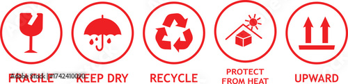 Set of standard packaging and shipping symbols icons, keep dry, and recycling steel icons, Common packaging & warning symbols,