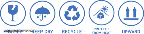 Packing icon set, Fragile, recycle, Handle with care, Fragile, take care, keep dry and upward symbols  package concept,
