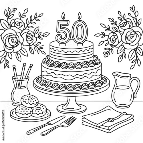 Fifty birthday celebration cake with flowers and desserts