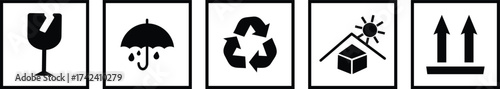 Set of Fragile package icons, keep upright dry and handle with care signs.Fragile, recycle, Handle with care, Essential Packaging Symbols, Set of multiple Safety signs and symbols,
