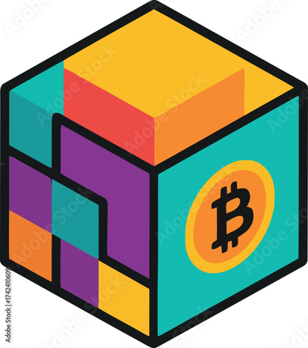 An isometric cube with colorful geometric segments and a prominent Bitcoin symbol on one face. Abstract digital art.