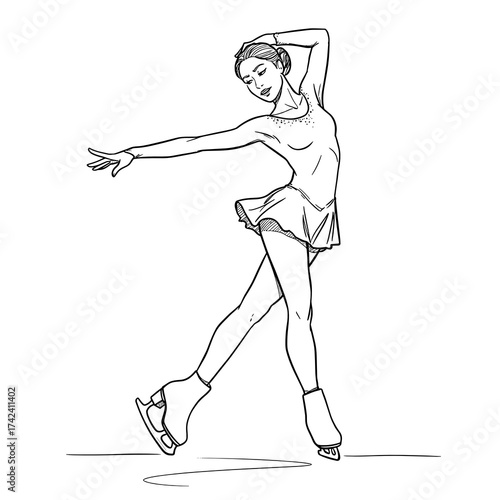 Artistic figure skater performing a graceful pose on ice  