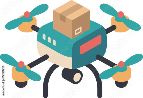An isometric illustration of a teal and white delivery drone with four propellers, carrying a brown cardboard box.