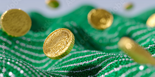 Several gold coins appear to be floating above a green, wavy, textured surface with white stripes. The image has a vibrant, dynamic feel with a shallow depth of field.