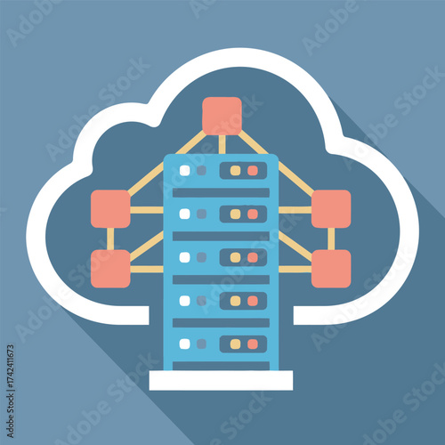 Illustration of a server rack within a cloud shape, representing cloud computing and network infrastructure for data storage and processing.