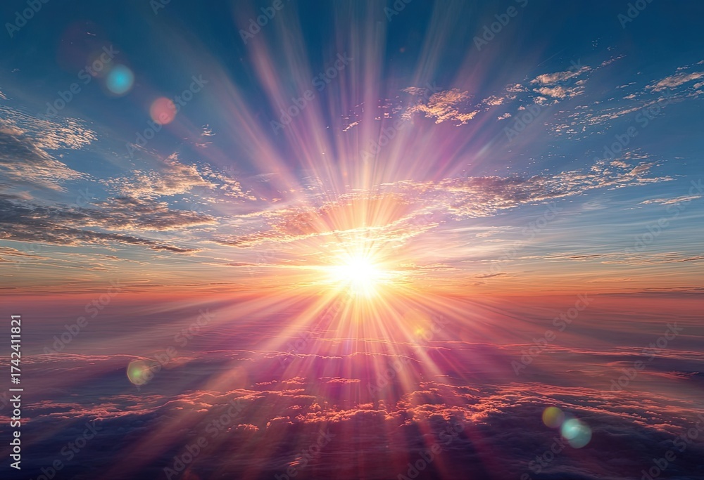 Fototapeta premium Vivid sunrise or sunset scene. The sun's brilliant rays burst through the clouds, illuminating the sky