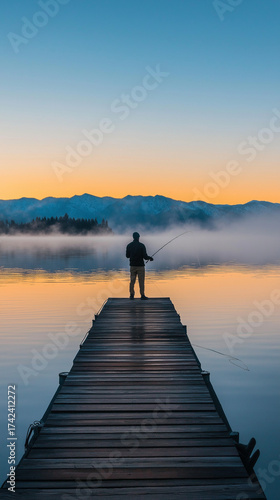 Man fishing on Lake Tahoe at sunrise with calm water reflections