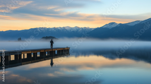 Man fishing on Lake Tahoe at sunrise with calm water reflections