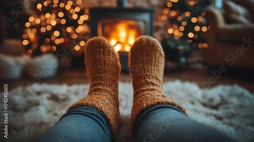 Person relaxing in warm wool socks by a cozy fireplace during Christmas.