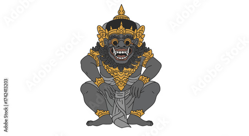 Illustrated Balinese Barong Character with Golden Ornamentation and Fangs.