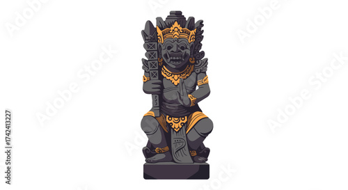 Balinese Guardian Statue with Golden Accents and Intricate Details.