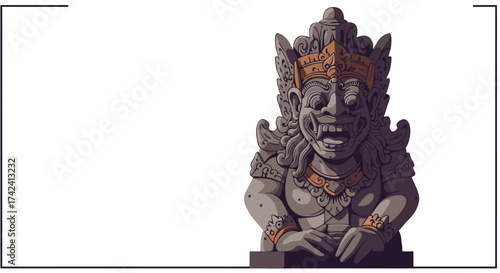 Balinese Stone Statue with Ornate Crown and Fierce Expression.