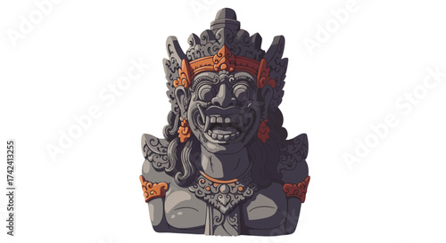 Ornate Gray Stone Balinese Statue with Orange Accents and Fierce Expression.