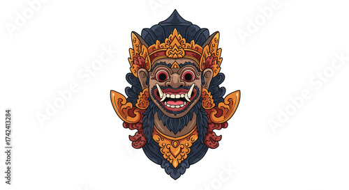 Balinese Barong Mask Illustration with Intricate Details and Vibrant Colors.