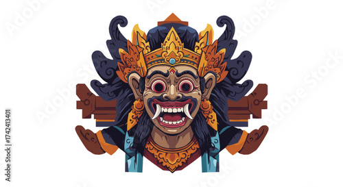 Balinese Barong Mask Illustration with Intricate Details and Vibrant Colors.