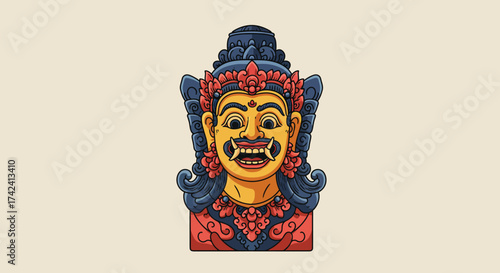 Illustrated Balinese Mask with Fangs and Ornate Headdress.
