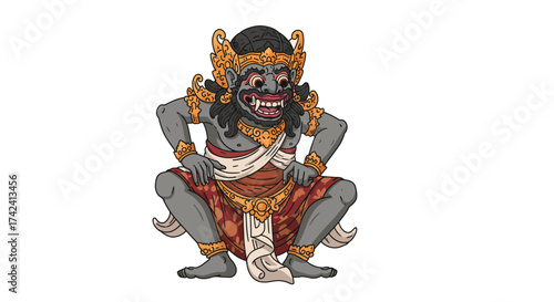 Illustrated Balinese Rakshasa Figure with Golden Ornamentation and Red Sarong.
