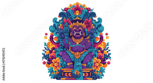 Colorful Balinese Demon Illustration with Floral Ornamentation.