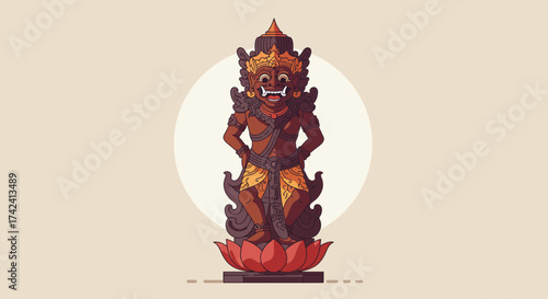 Balinese Barong Statue on Lotus Flower Base Illustration.