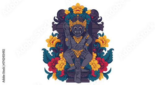 Balinese Barong Illustration with Floral Ornamentation and Intricate Details.